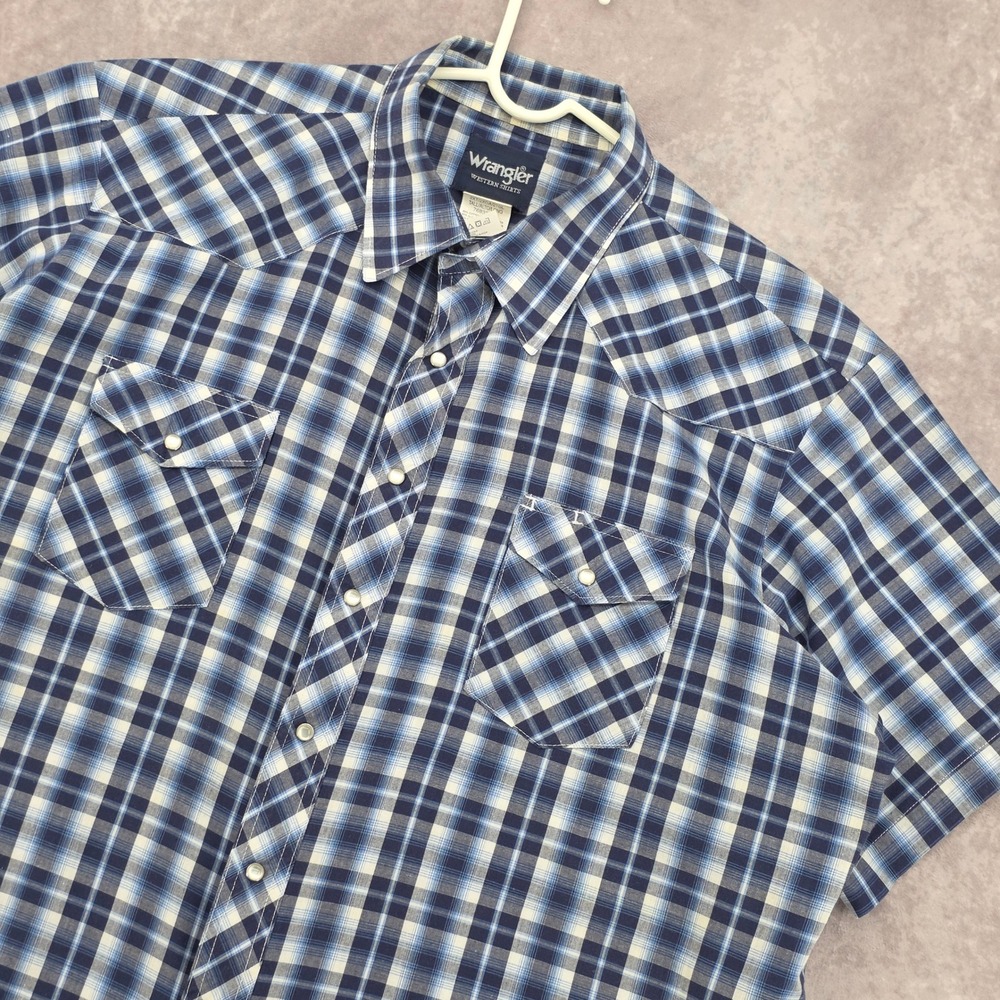 Wrangler Western Shirts Mens 2XTall Blue White Plaid Pearl Snap Short Sleeve